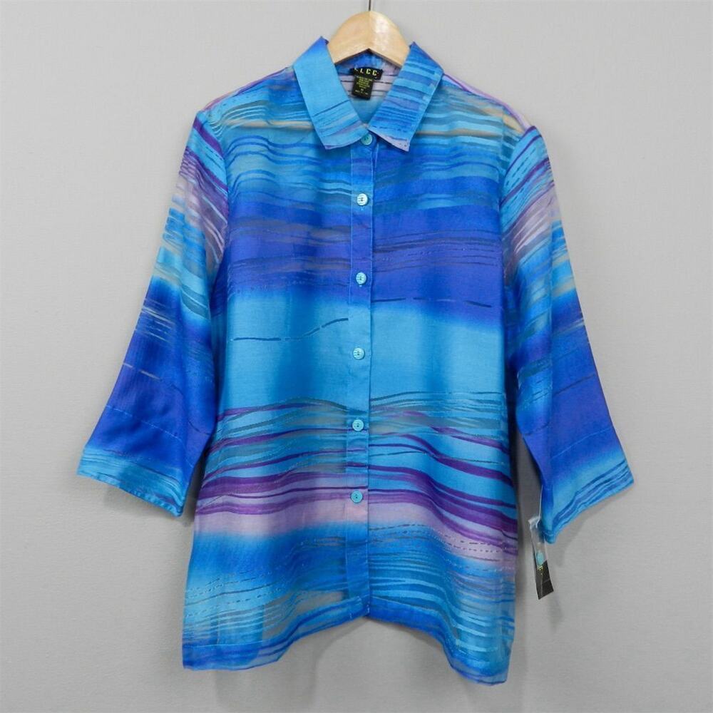 Erin London ELCC Sheer Burnout Striped Blouse Plus Size 1X Blue Multicolor Top